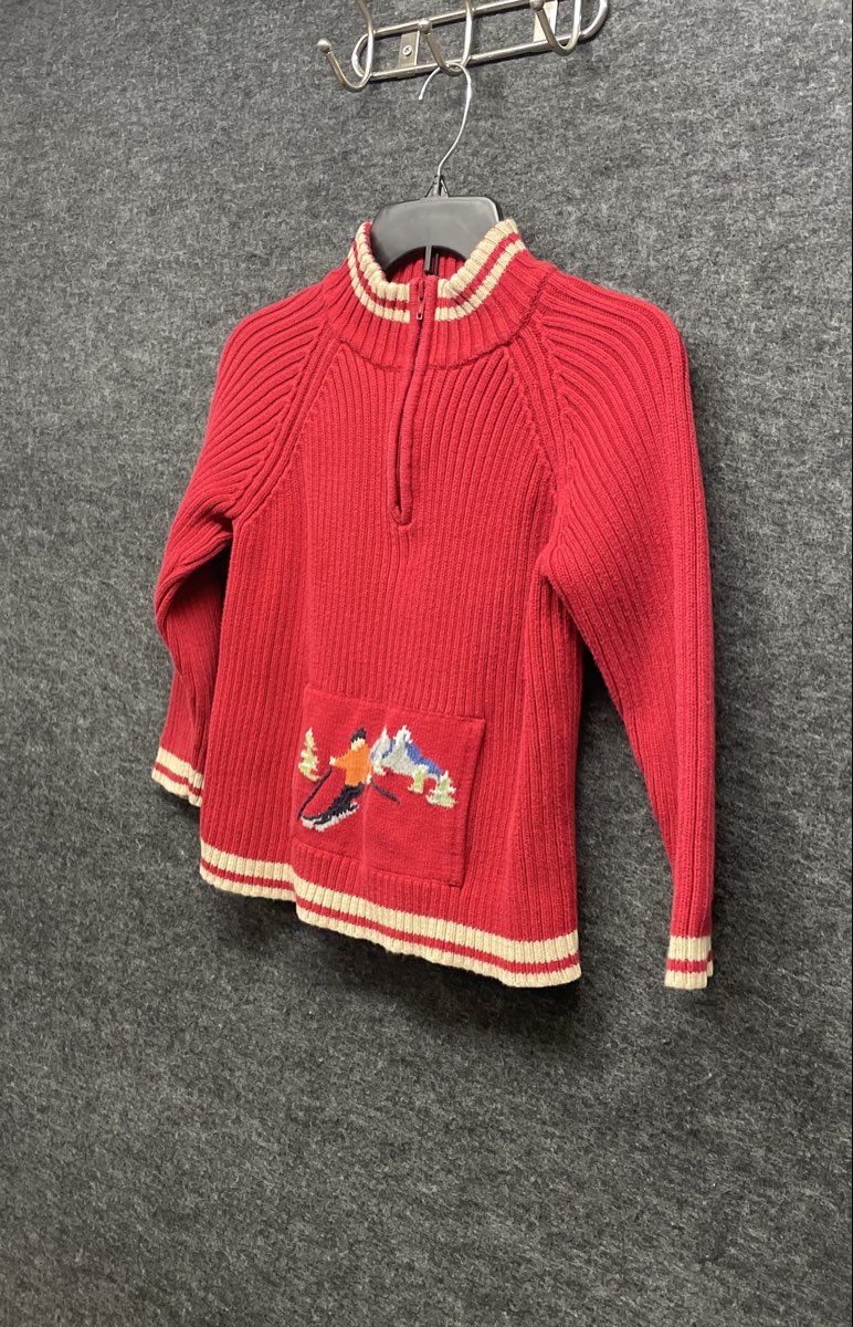 Talbots Kids Red Ribbed Cotton Quarter Zip Skier Graphic Sweater Sz 7