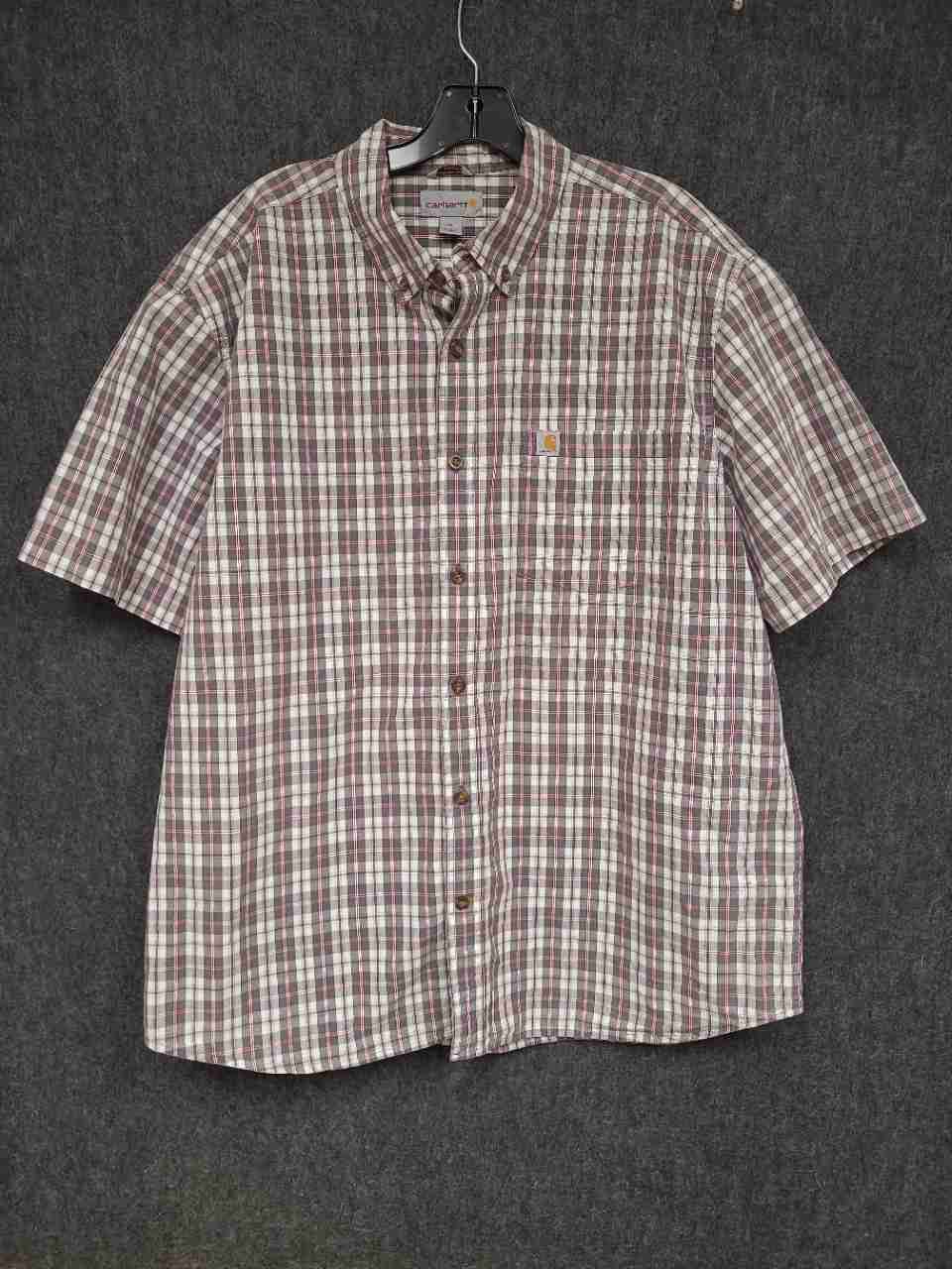 Carhartt Men's Short Sleeve Button Down Shirt Gray Red Plaid Workwear Sz XL