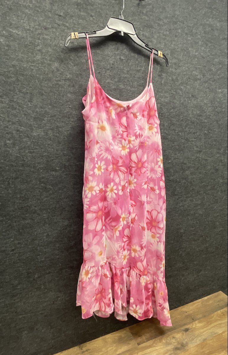 Vintage Y2K Donna Ricco Women's Pink Floral Ruffle Hem Spaghetti Strap Dress 14