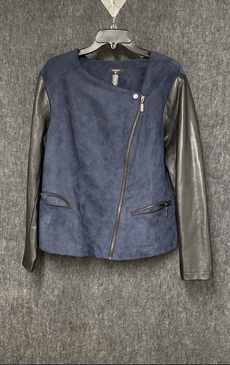Alfani Women's Navy Faux Suede Black Faux Leather Mixed Media Moto Jacket Sz L