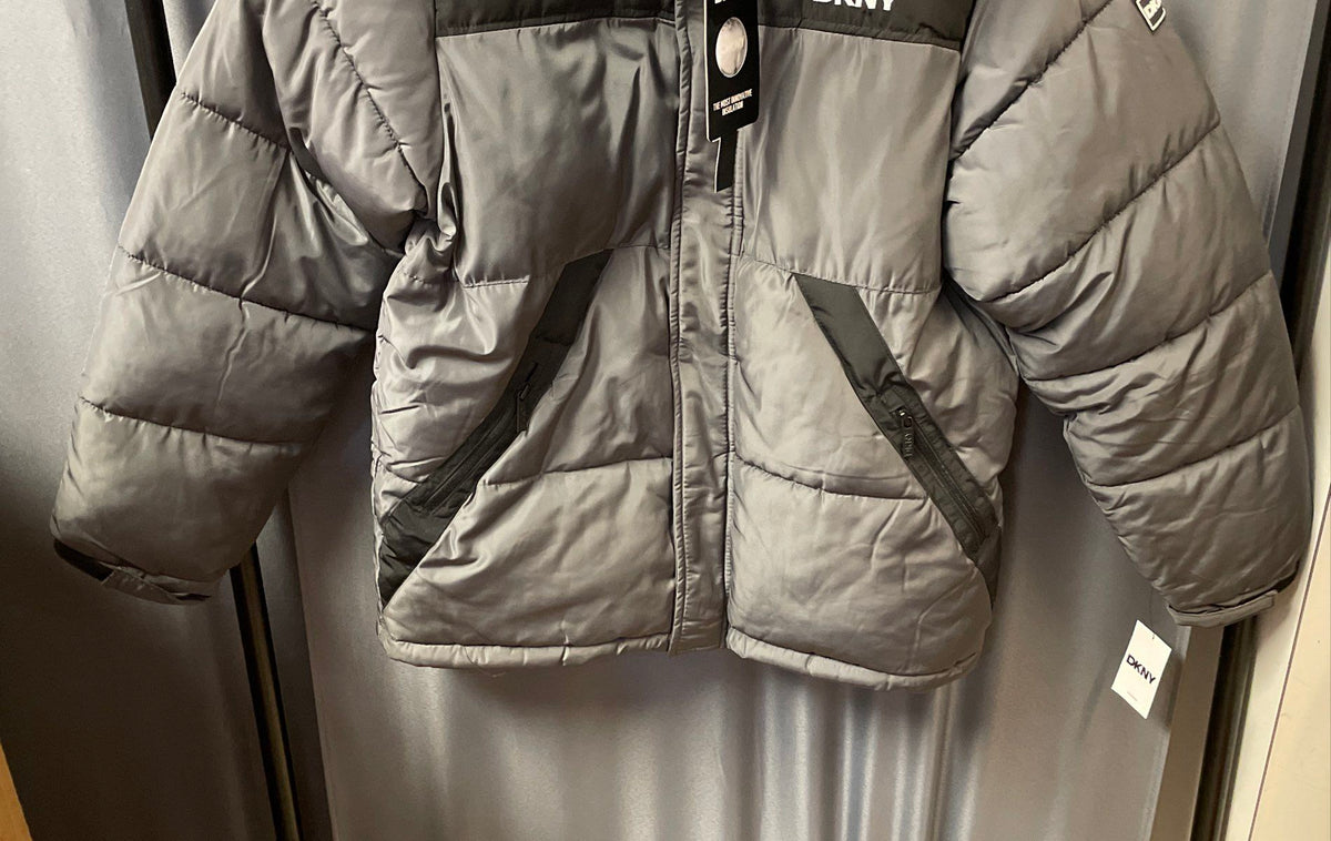 DKNY Youth Charcoal Gray Puffer Parka Jacket Sherpa Hood Insulated NWT XL 18/20
