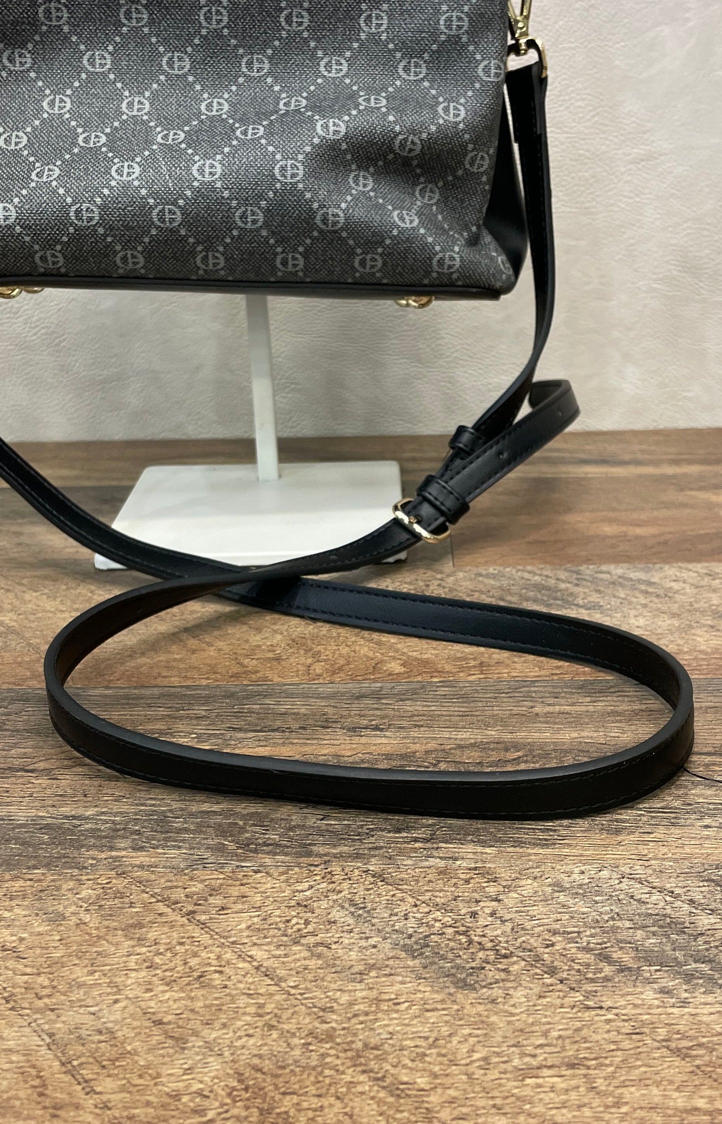 Chrisbella Gray Monogram Satchel Handbag Black Trim Gold Hardware Crossbody