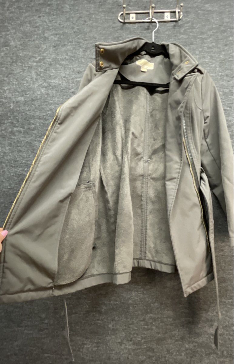Michael Kors Women's Gray Belted Softshell Jacket Gold Hardware Hidden Hood Sz S