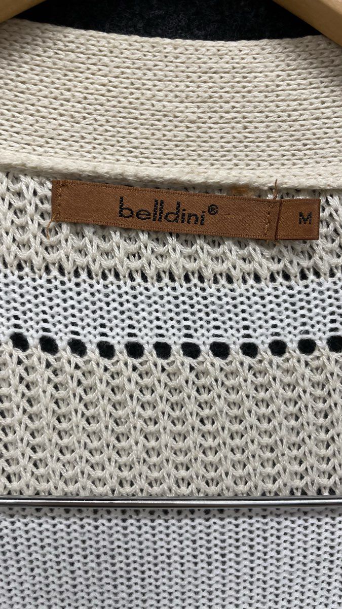 Belldini Women's Cream Beige Striped Open Knit Roll Tab Sleeve Cardigan M