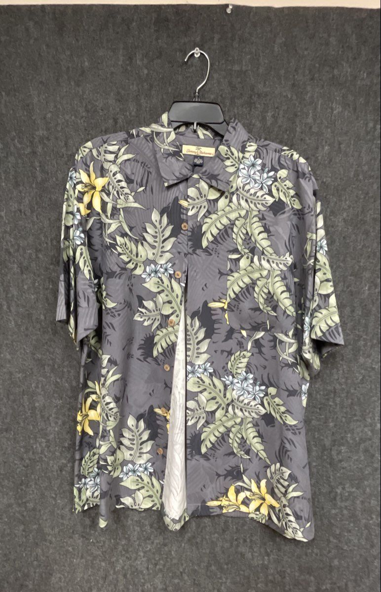 Tommy Bahama Men's Gray Silk Tropical Floral Lily Hawaiian Camp Shirt Sz M