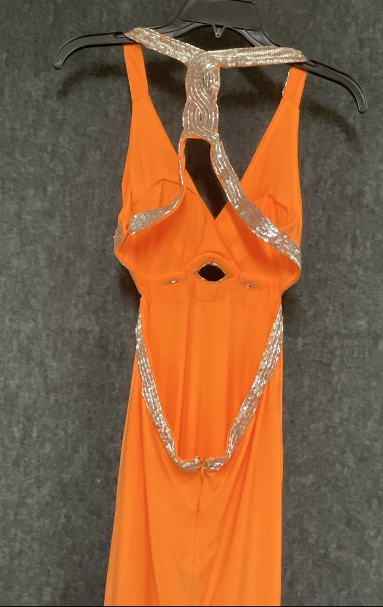 Hailey Logan Women's Vibrant Orange Sequin Halter Evening Dress Size 5