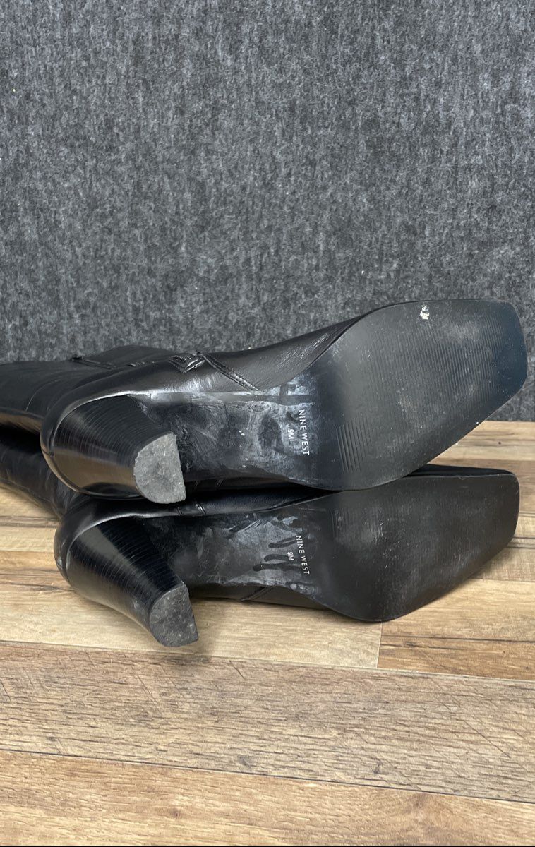 Nine West Black Leather Square Toe Knee High Heeled Boots Size 9 M