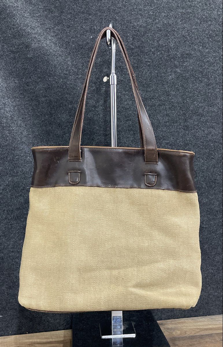 Liz Claiborne Tan Fabric Brown Leather Large Tote Bag Vintage 90s Handbag