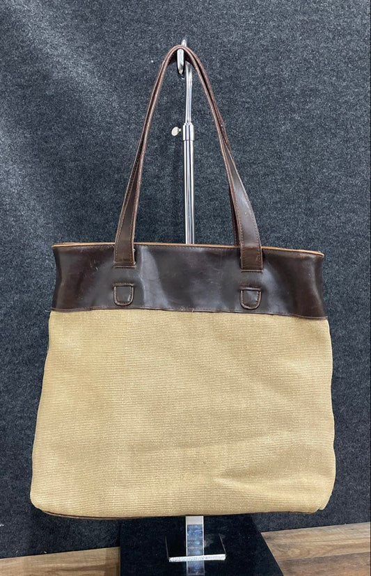 Liz Claiborne Tan Fabric Brown Leather Large Tote Bag Vintage 90s Handbag