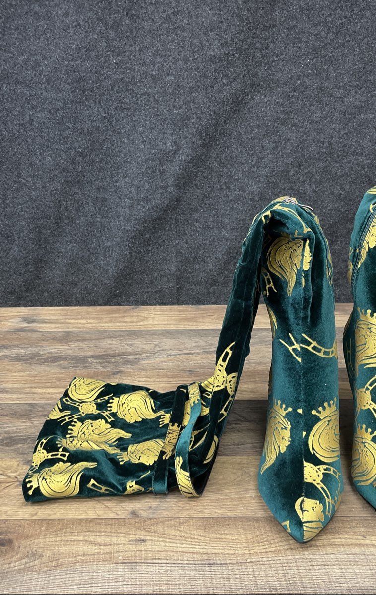 Chimzi Player Green Gold Lion Crest Velvet Thigh High Boots Women's Size 40