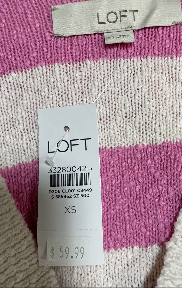 Loft Women's Striped Pink White Cotton Cardigan Sweater Button Front Sz XS NWT