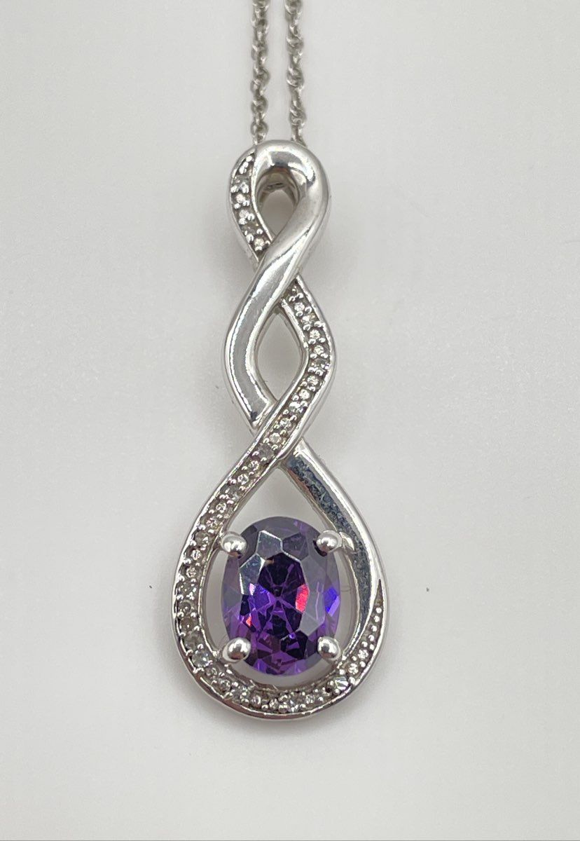 925 Sterling Silver Purple CZ Diamond Accent Infinity Pendant Necklace 3.4g