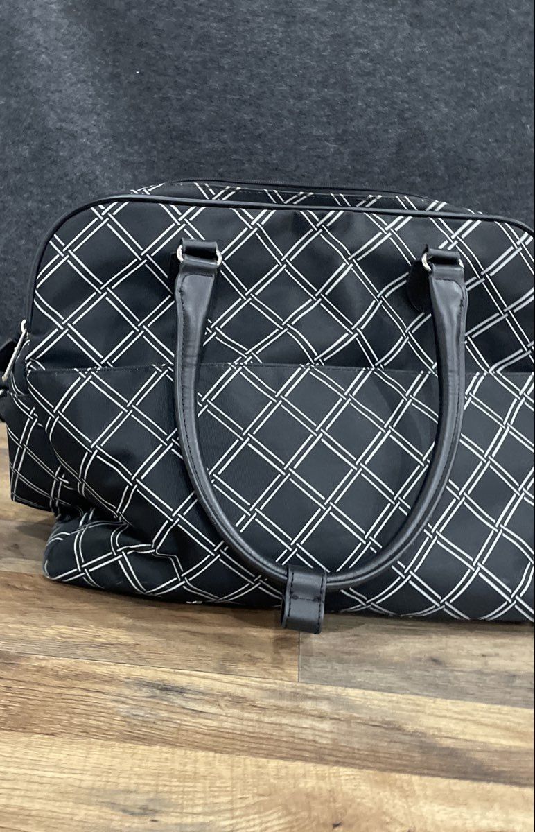 Chaps Black White Lattice Canvas Large Travel Tote Bag Silver Hardware