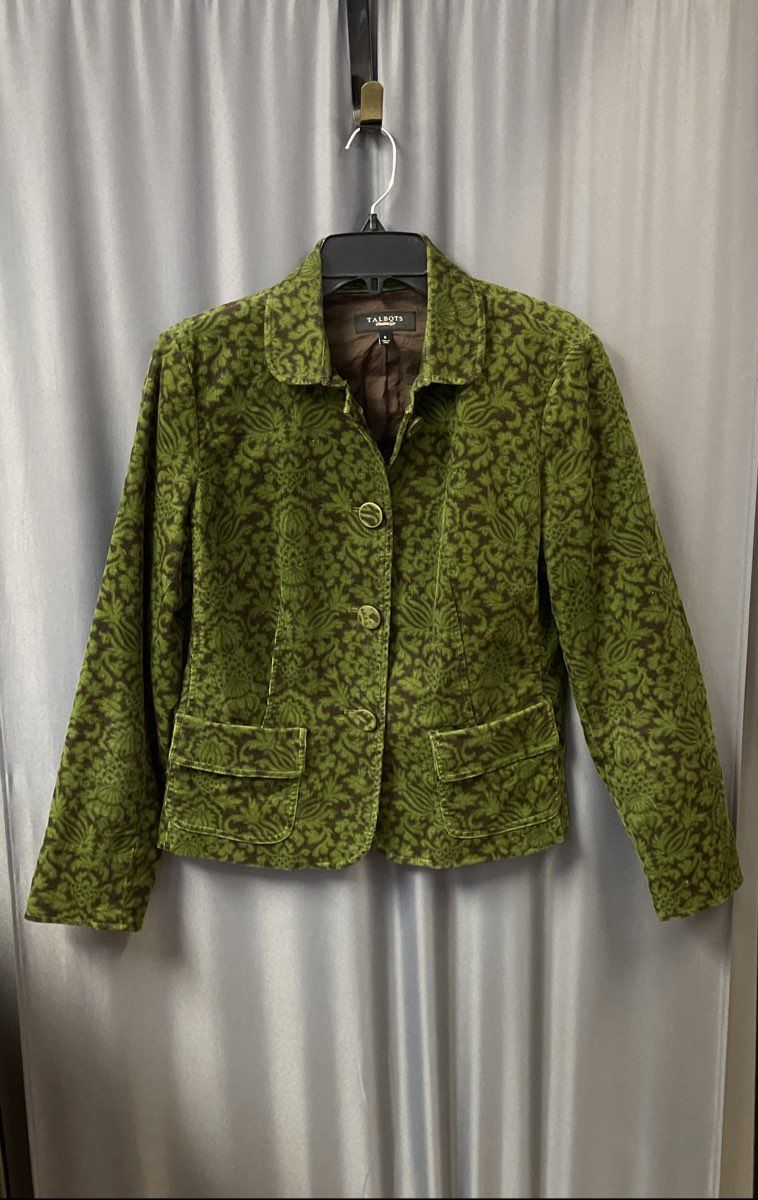 Talbots Women's Green Brown Damask Floral Corduroy Jacket Blazer Sz 6