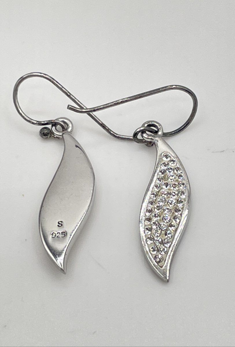 925 Sterling Silver Rhinestone Pavé Curved Leaf-Shaped Dangle Earrings 3.8g