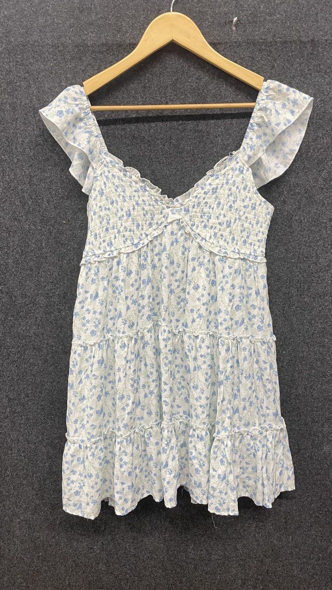 Altar'D State Women's Regina White Blue Floral Smocked Tiered Mini Dress Sz L