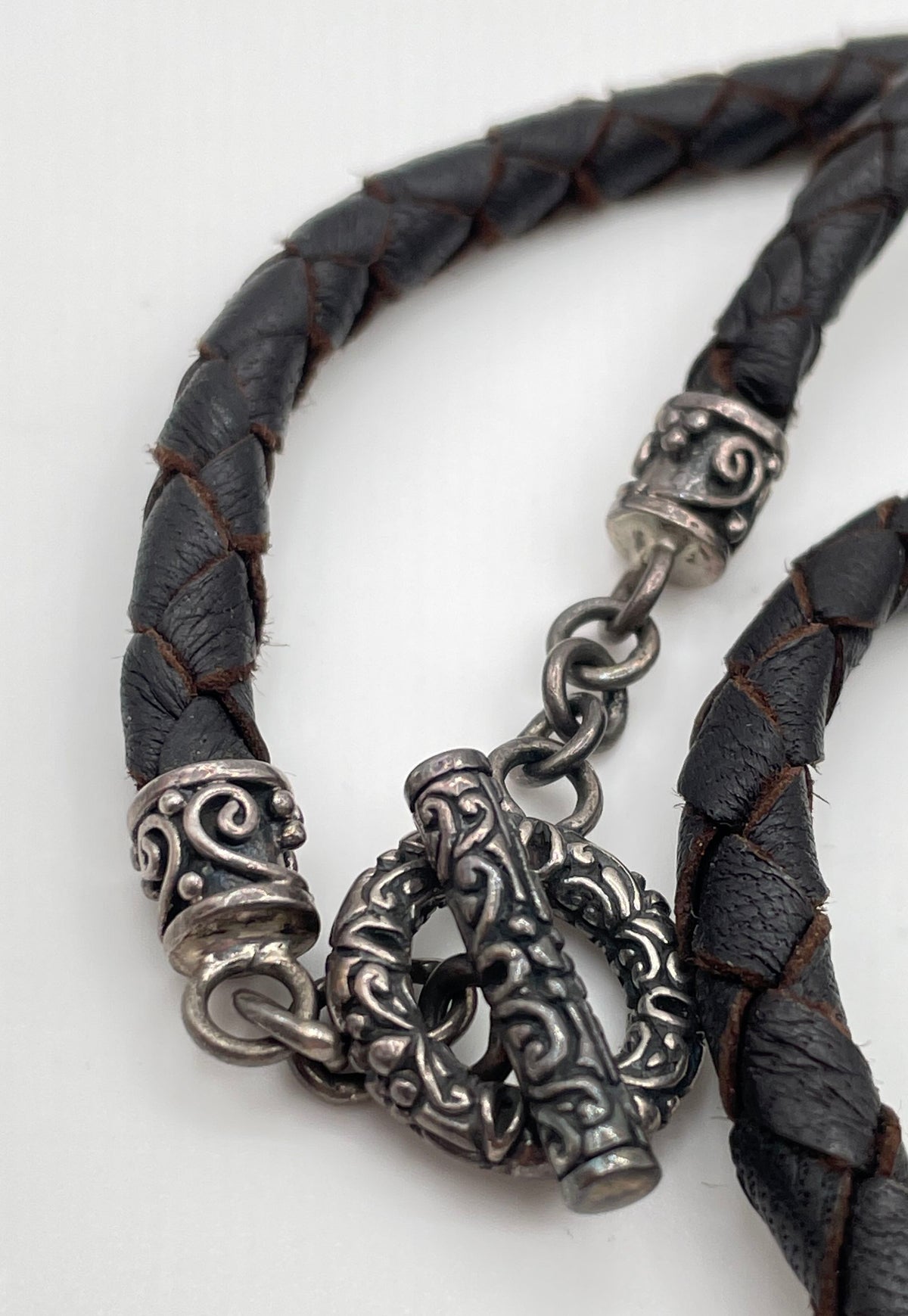 925 Sterling Silver Filigree Tube Bead & Clasp Braided Leather Necklace 15.9g