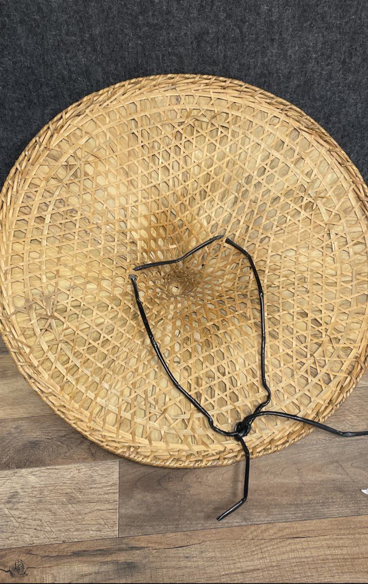 Vintage Tan Woven Bamboo Asian Conical Rice Farmer Sun Hat Large