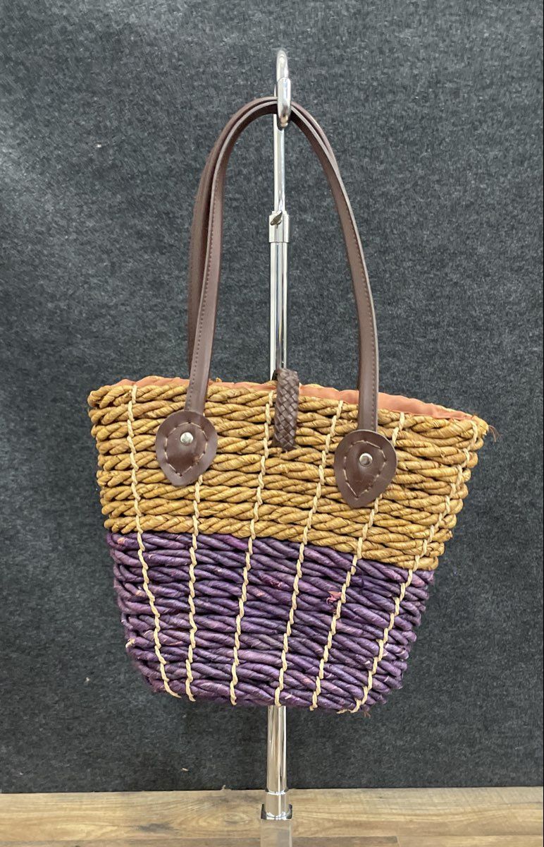 Tan and Purple Woven Straw Wicker Basket Tote Bag Wood Toggle Closure