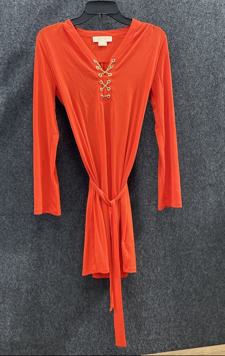 Michael Kors Women's Orange Lace Up Gold Chain Long Sleeve Dress Sz P/S