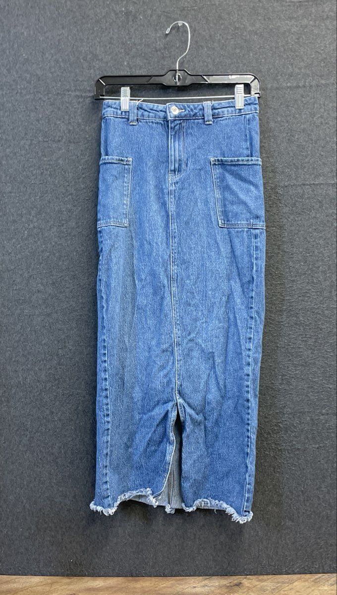 Vero Moda Women's Blue High Waist Denim Maxi Skirt Patch Pockets Frayed Hem XS