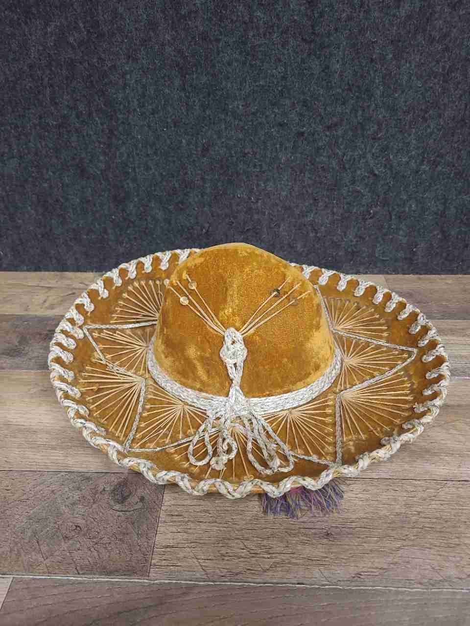 Vintage Salazar Pigalle Mexican Sombrero Charro Hat Gold Velvet Embroidered