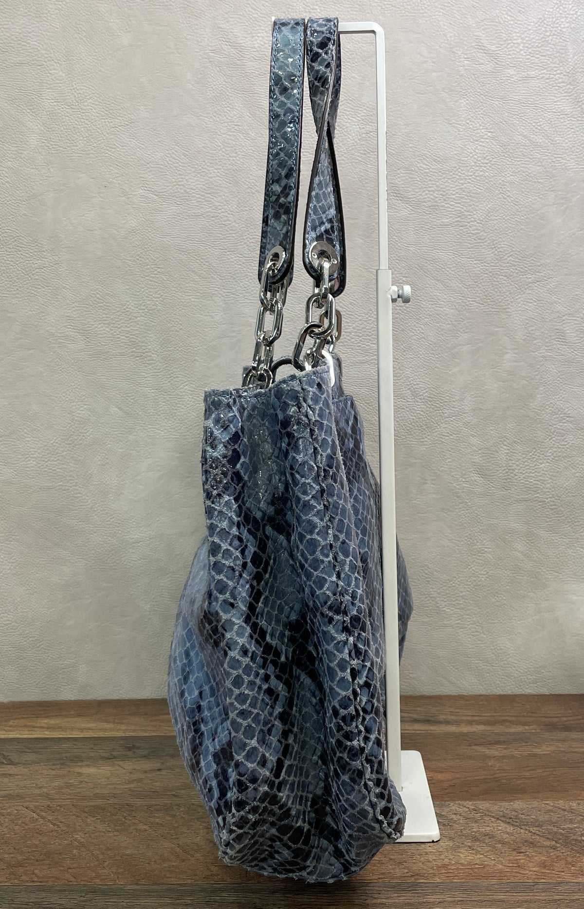 Michael Kors Blue Grey Snakeskin Embossed Leather Tote Shoulder Bag Silver