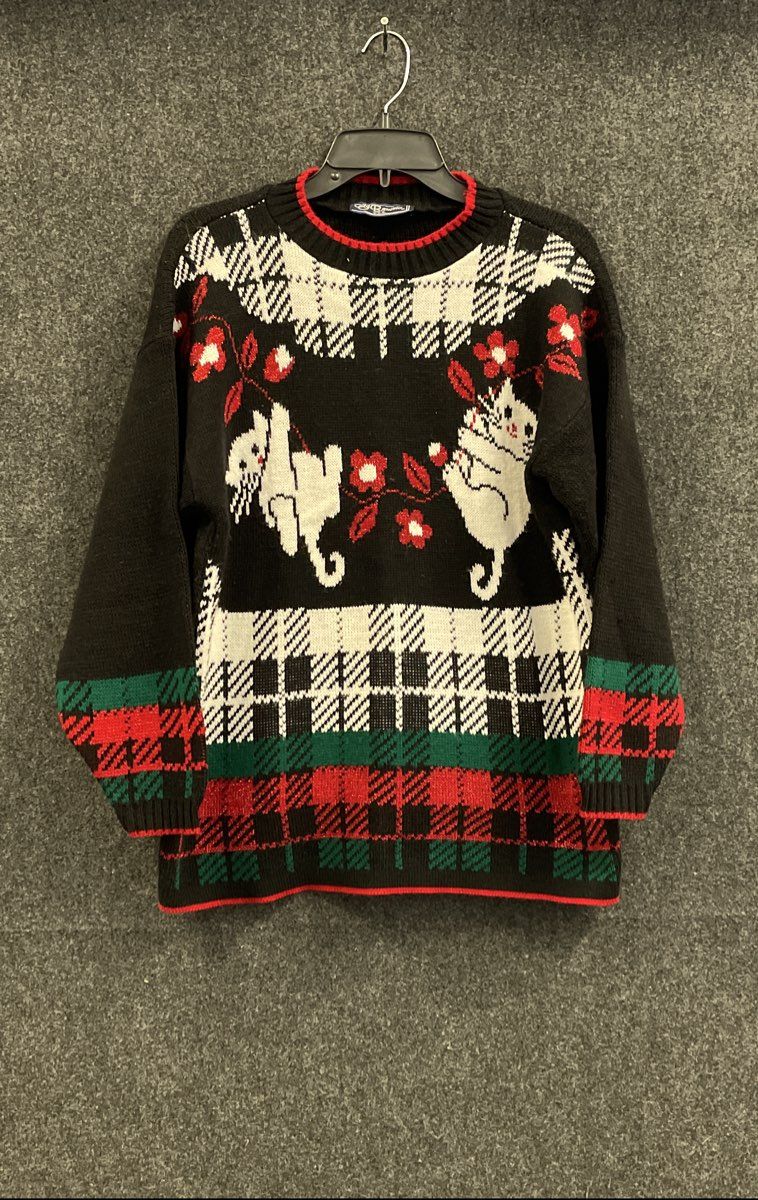 Vintage 90s JJ Browne Women's Black Cat Floral Plaid Ugly Christmas Sweater XXL