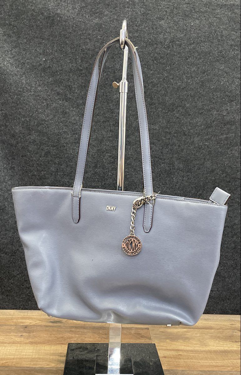 DKNY Blue Saffiano Leather Large Tote Bag Donna Karan Shoulder Bag Silver Tone