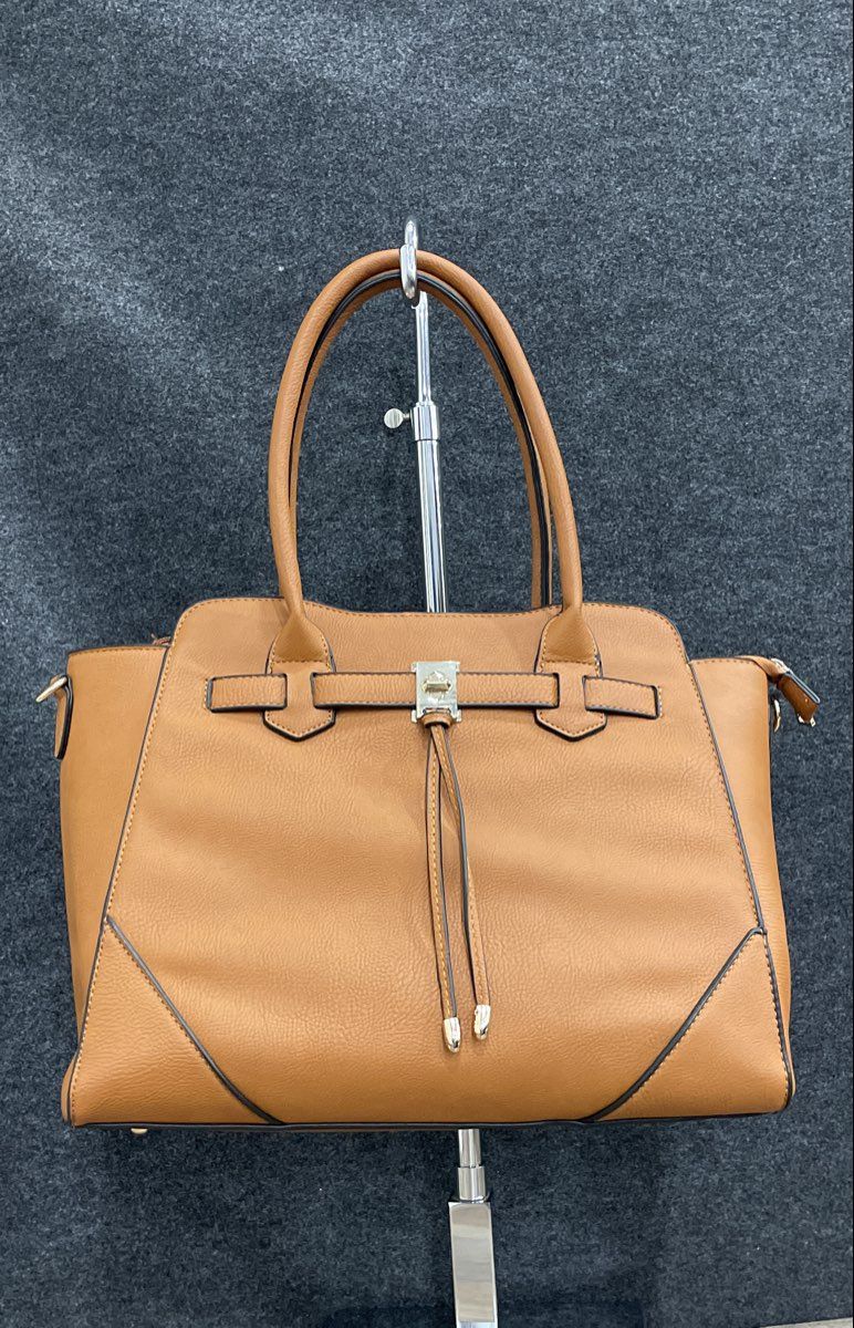 Brown Leather Satchel Tote Handbag Gold Hardware Removable Crossbody Strap