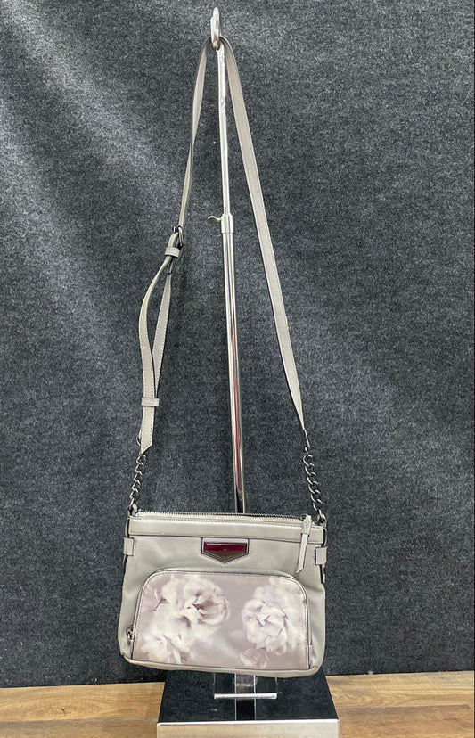 Simply Vera Vera Wang Grey Leather Floral Print Crossbody Bag Gunmetal Hardware