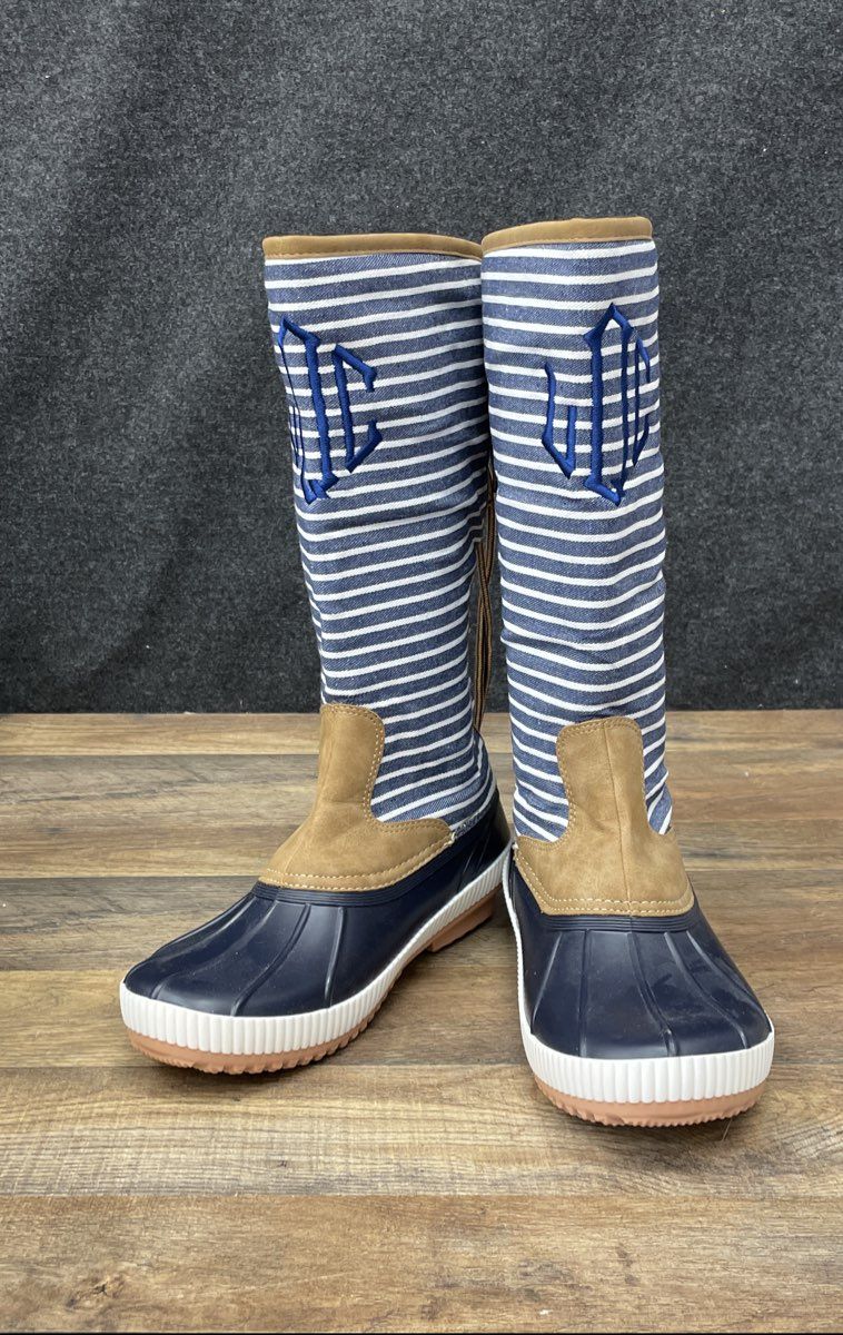 Marley Lilly Tall Duck Rain Boots Navy White Striped Monogram Women's Size 8