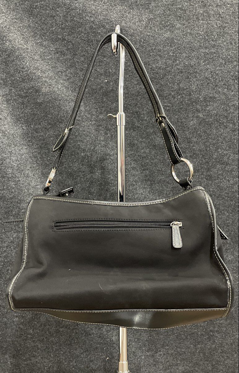 Etienne Aigner Black Canvas Leather Trim Shoulder Bag Silver Logo Hardware