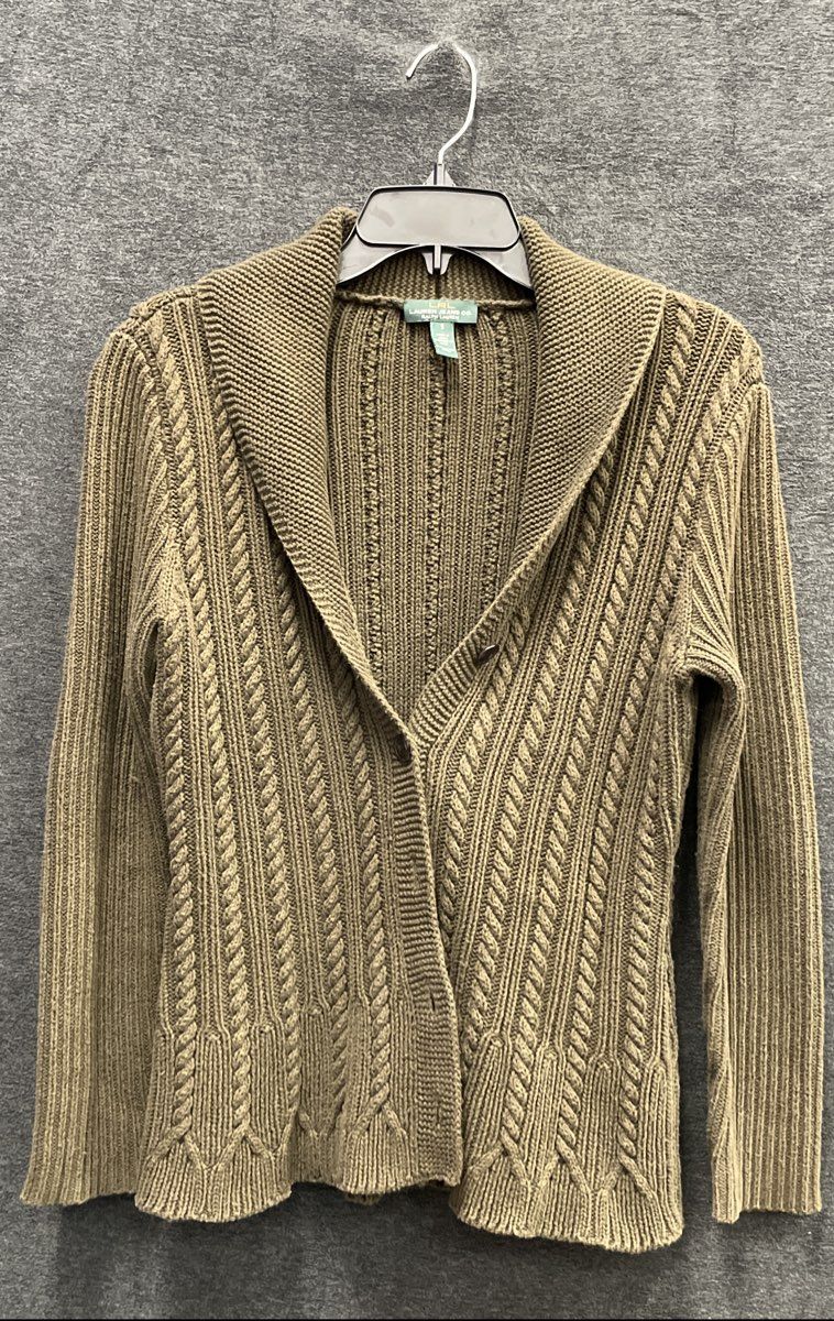 Lauren Ralph Lauren Women's Olive Green Cable Knit Cotton Cardigan Sweater Size