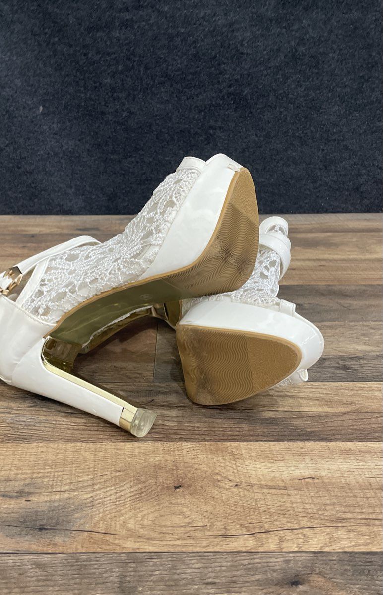 Lafer White Lace Open Toe Platform Ankle Strap High Heels Size 42
