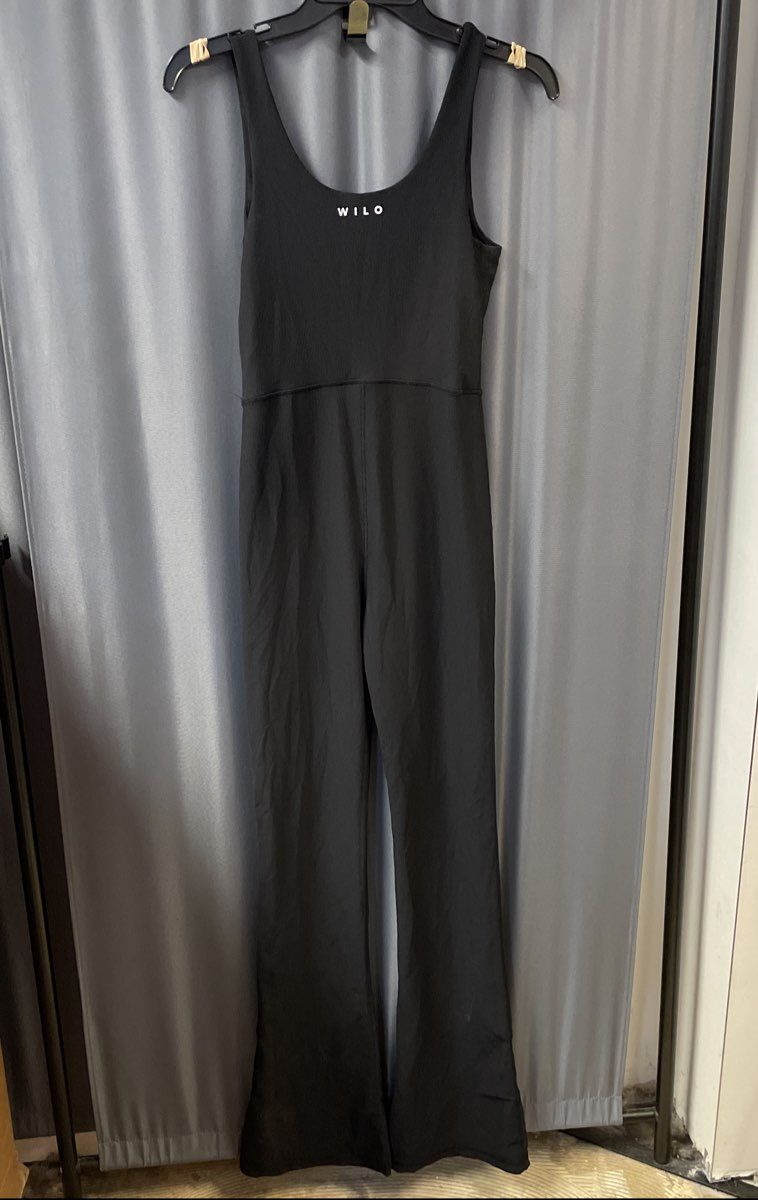 Wilo The Label Women's Black Ribbed Jumpsuit Unitard Wide Leg Sleeveless Sz M