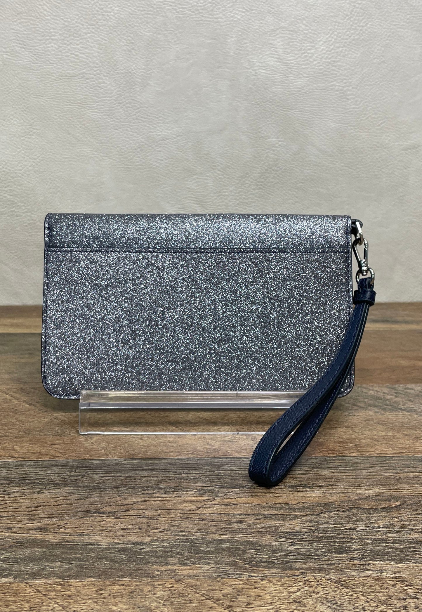 Kate Spade Silver Glitter Navy Blue Leather Trim Wristlet Clutch Bag