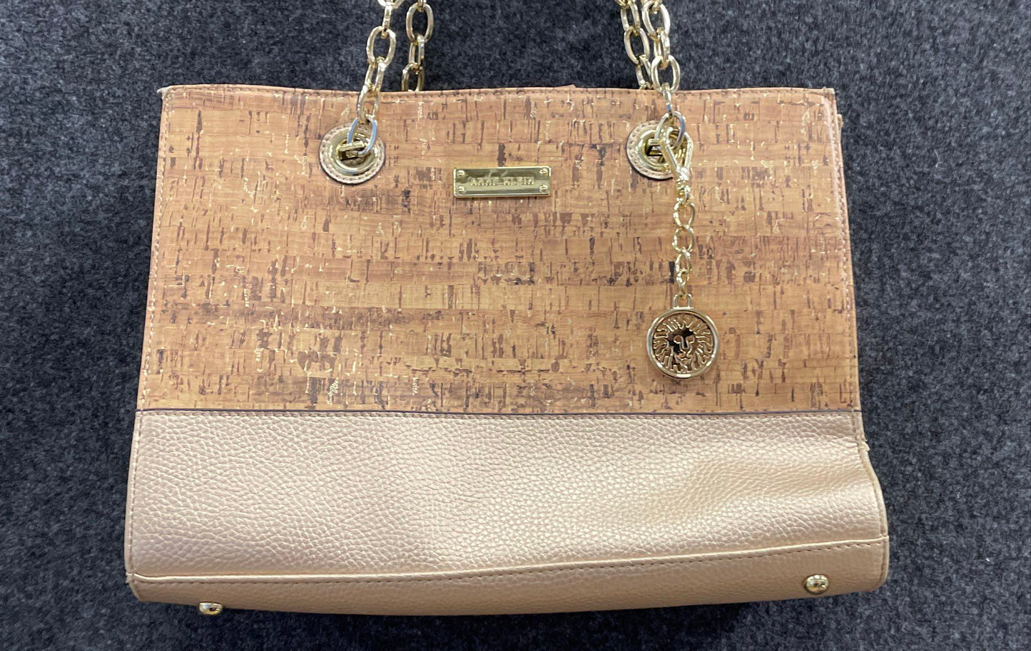 Anne Klein Brown Tan Cork Pebbled Tote Shoulder Bag Gold Tone Lion Charm