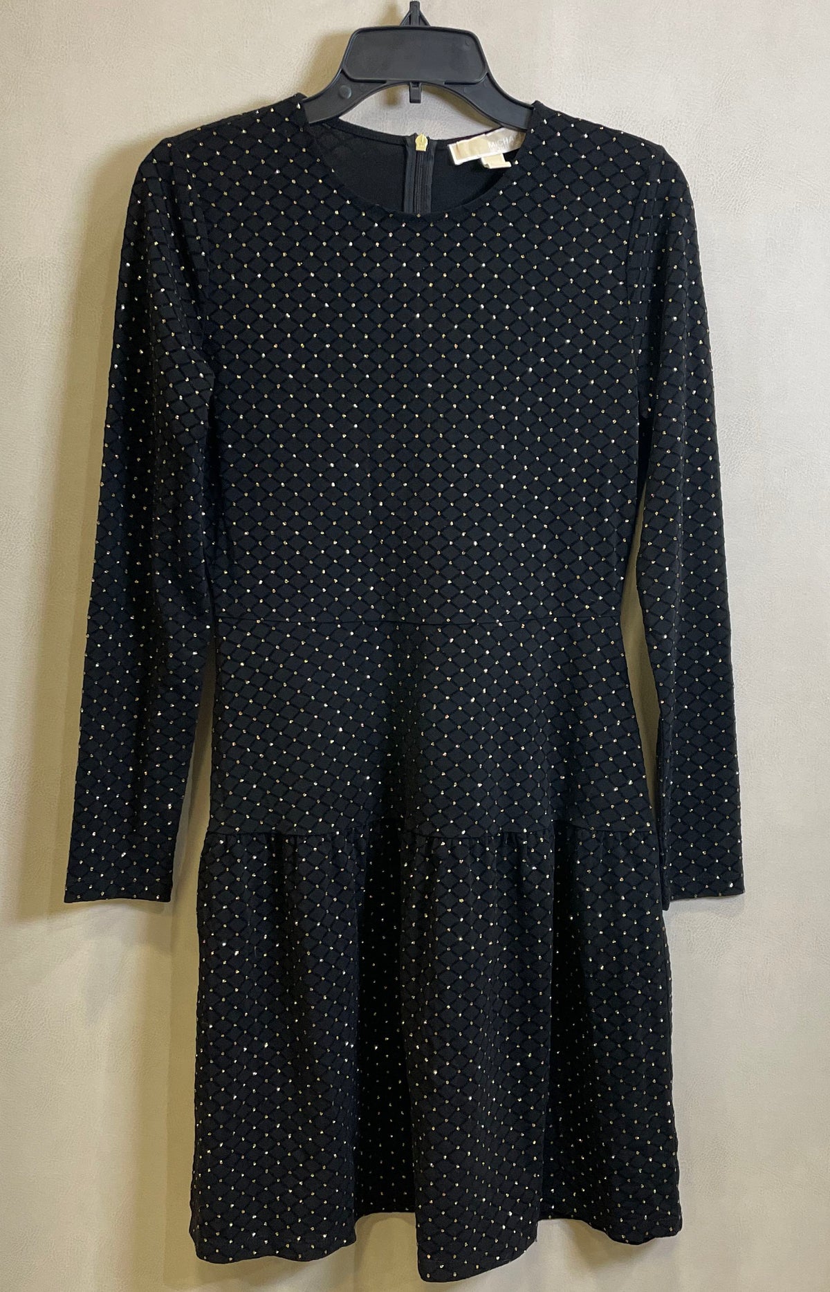 Michael Kors Women's Black Gold Diamond Pattern Long Sleeve Tiered Dress Sz S