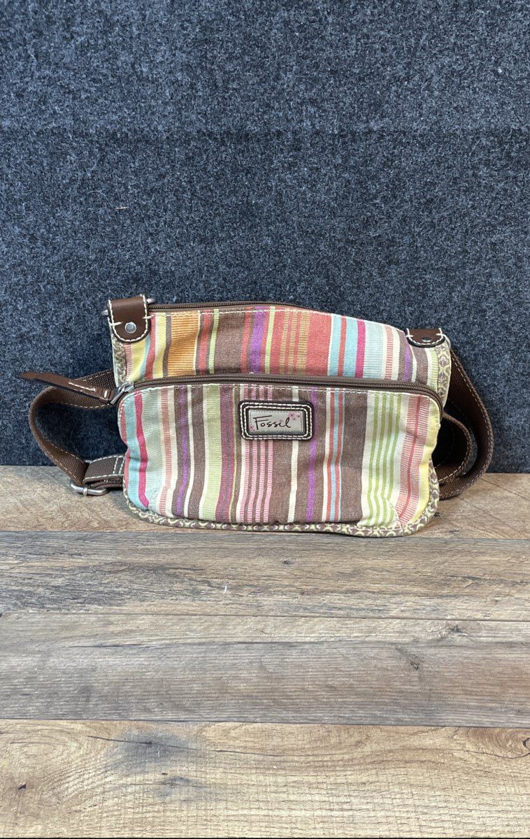 Fossil Multicolor Striped Canvas Crossbody Bag Brown Trim Medium