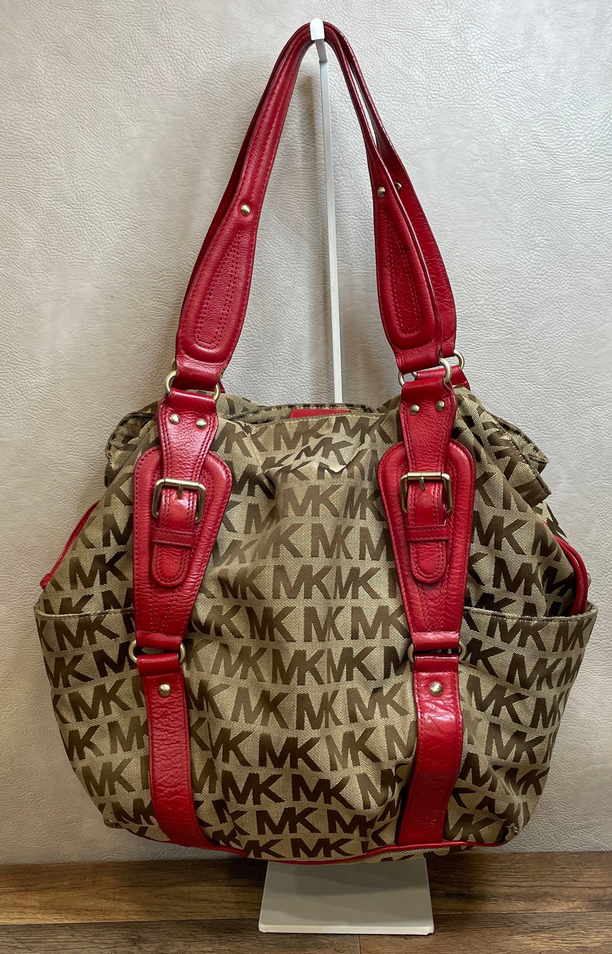 Michael Kors Brown Red Signature Monogram Canvas Hobo Shoulder Bag Gold Hardware