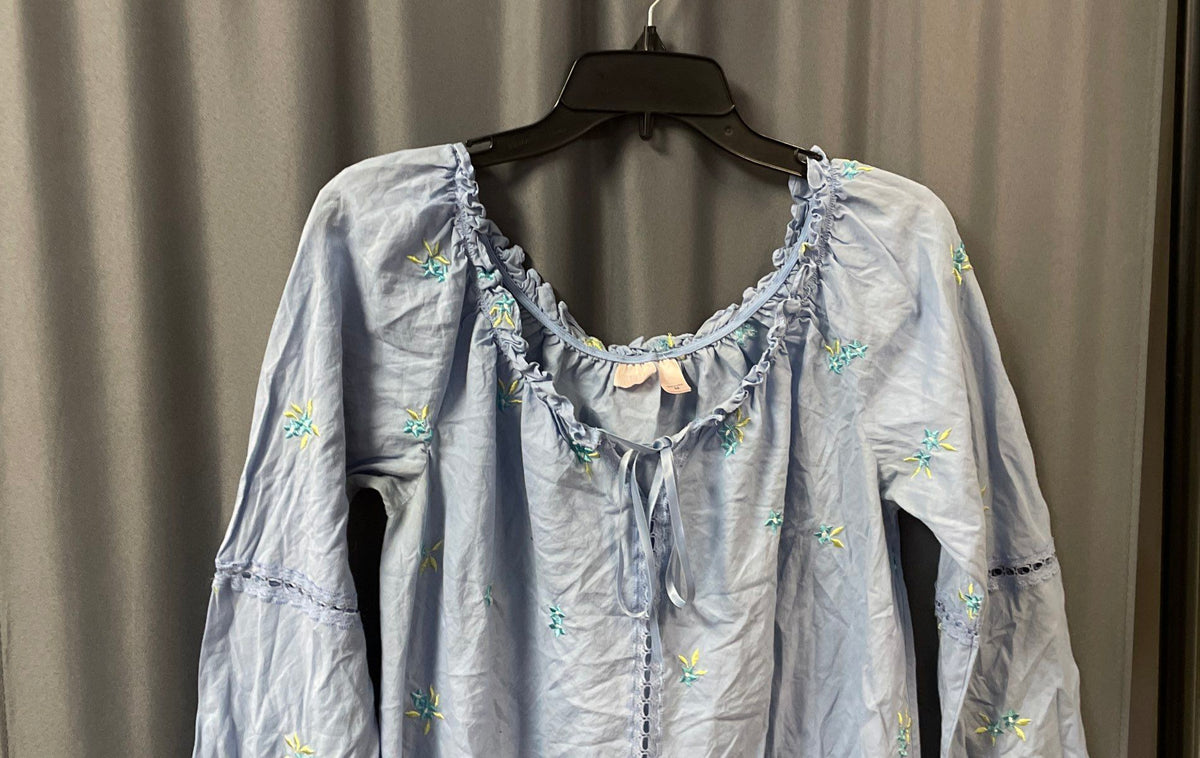Vintage Y2K Victoria's Secret Women's Blue Embroidered Cotton Peasant Top Sz M
