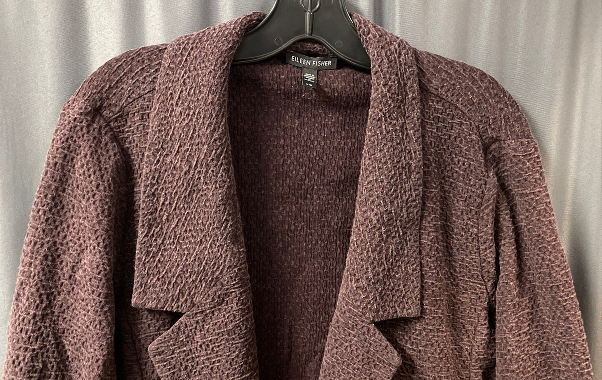 Eileen Fisher Women's Purple Textured Knit Open Front Tencel Cotton Jacket Sz L
