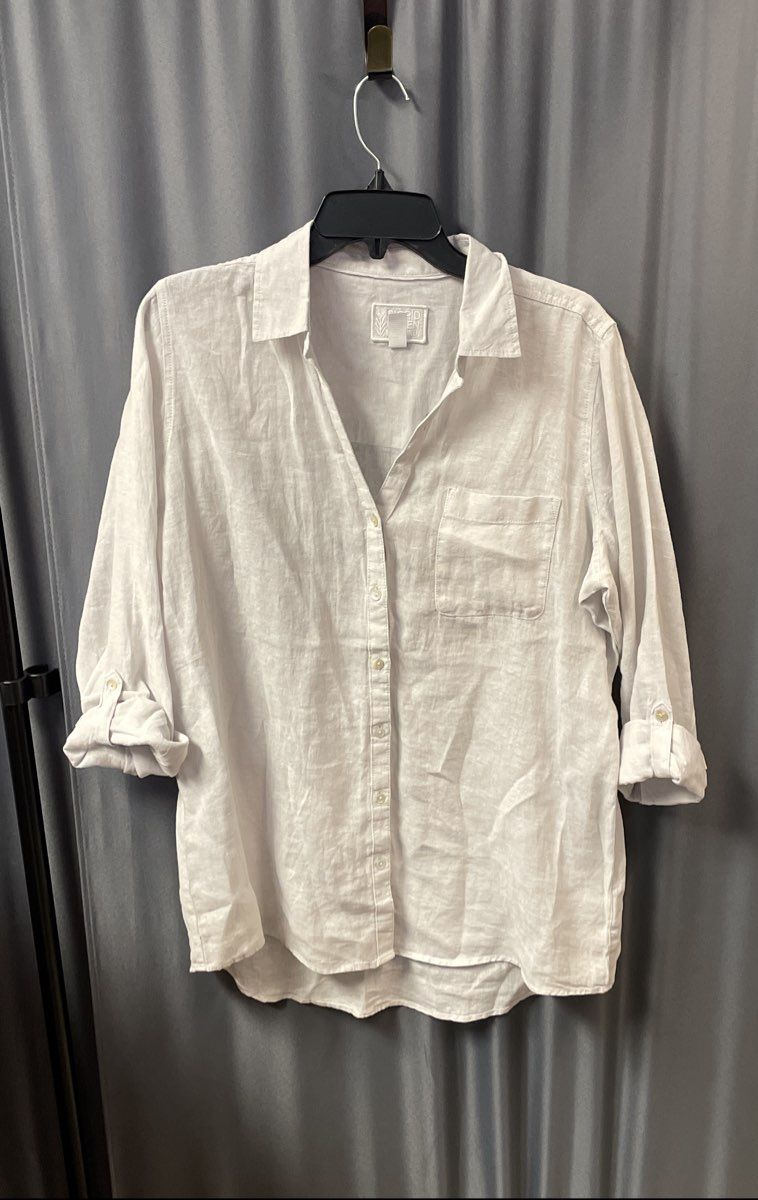 Sigrid Olsen Women's White 100% Linen Roll Tab Sleeve Button Front Shirt Sz M