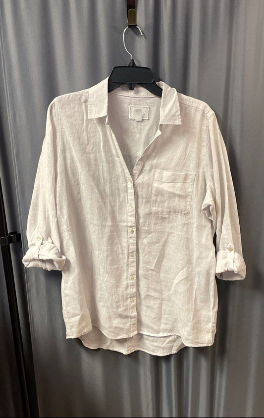 Sigrid Olsen Women's White 100% Linen Roll Tab Sleeve Button Front Shirt Sz M