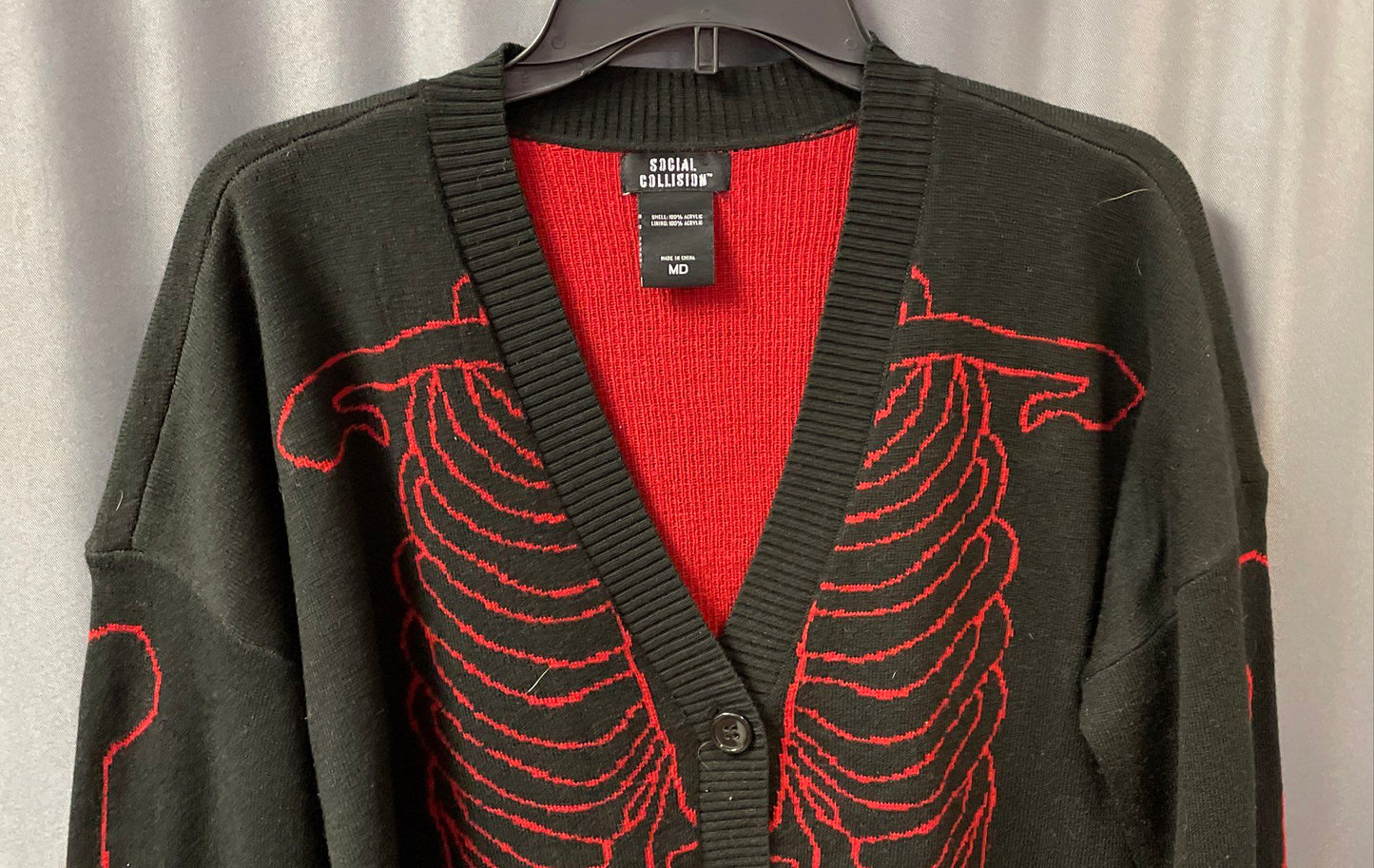 Social Collision Men's Black Red Rib Cage Cardigan Sweater Sz MD