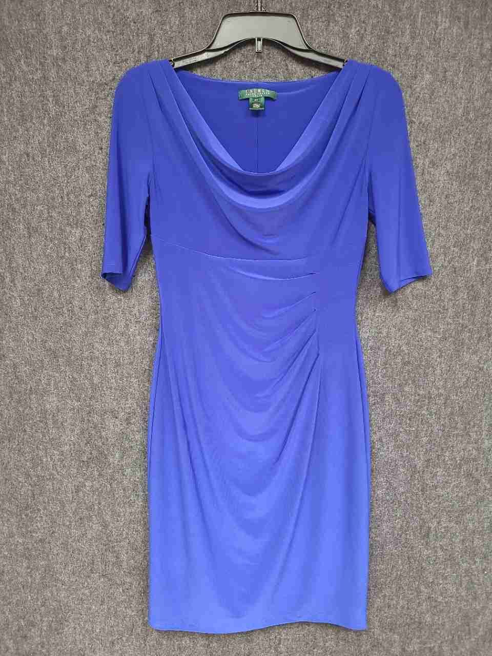 Lauren Ralph Lauren Women's Cobalt Blue Cowl Neck Ruched Sheath Dress Sz 4P