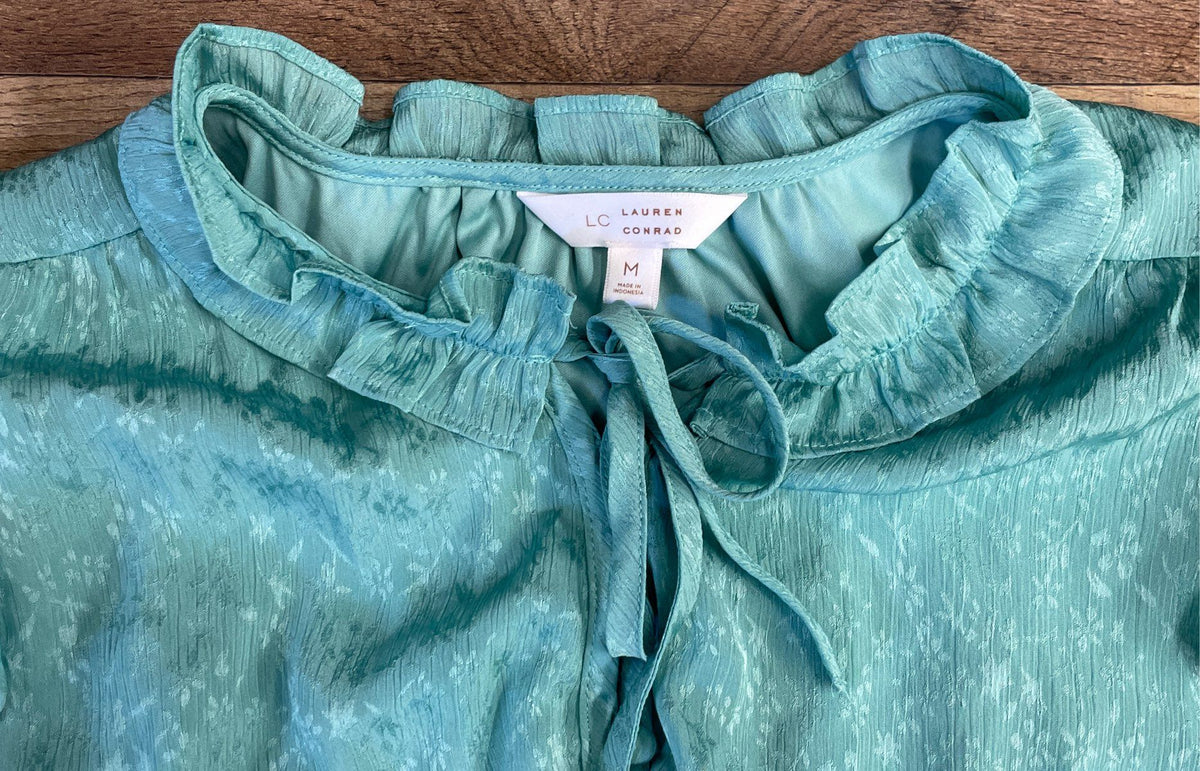 LC Lauren Conrad Women's Turquoise Ruffled V-Neck Tie Front Jacquard Dress Sz M