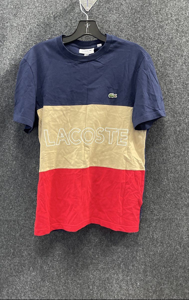 Lacoste Boys T-Shirt Navy Blue Tan Red Colorblock Logo Regular Fit Sz US S