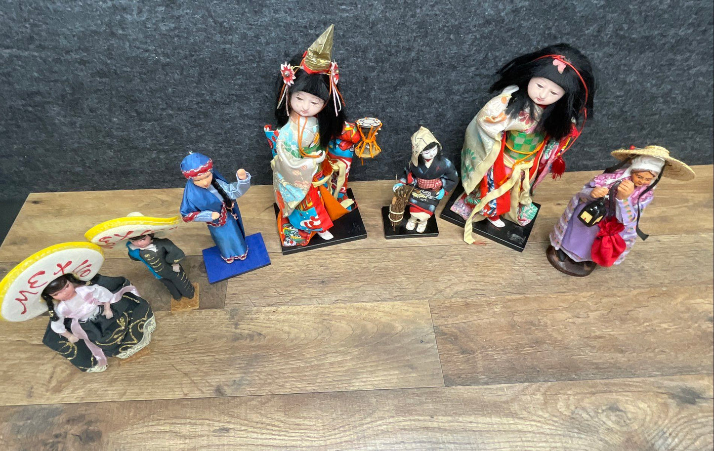 Vintage Lot of 7 International Dolls Japanese Geisha Mexico Souvenir Figurines